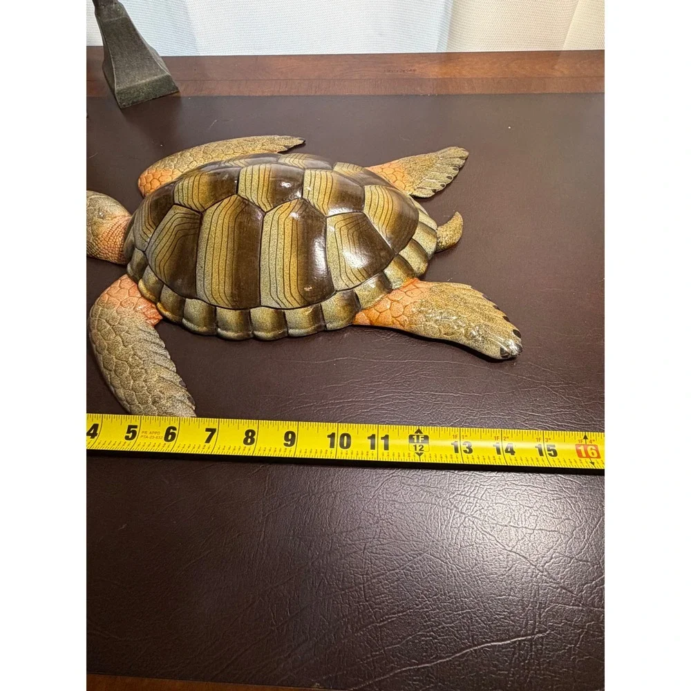 Large Sea Turtle Wall Plaque Coastal Nautical Home Decor 14.5x12 Green Orange